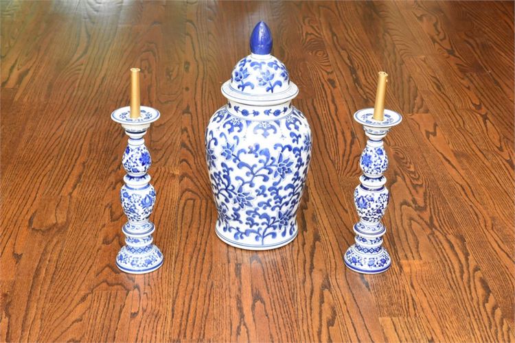 BOMBAY Blue and White Urn With Lid and Matching Candle Holders