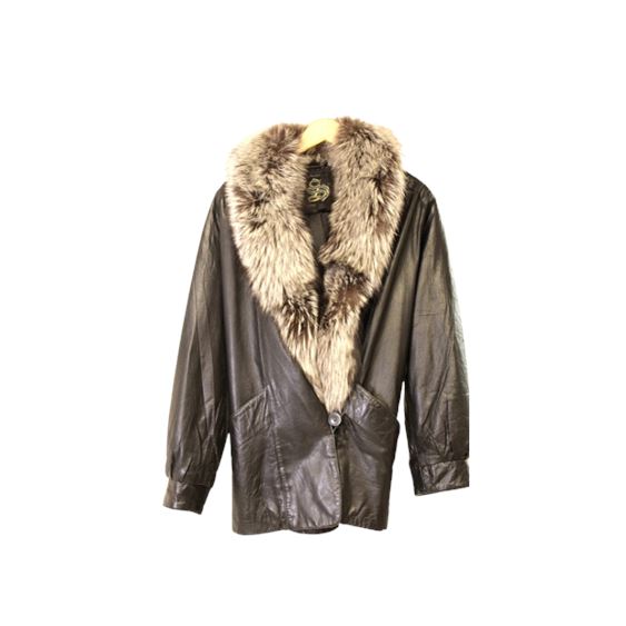 Ladies Black Leather Fox Fur Jacket (Sz S, Fits 8-10)