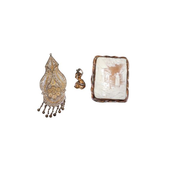 Vintage Conch Cameo Shell, Art Deco Filigree and Leprechaun Pendant