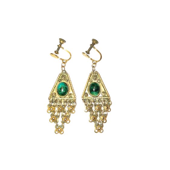 Antique Sterling Gold Vermeil Emerald Cabochon Dangling Earrings