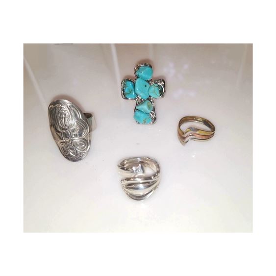 Vintage Lot of Sterling Silver, Spoon, Turquoise and Tri-Color RIngs, 4-Pc.