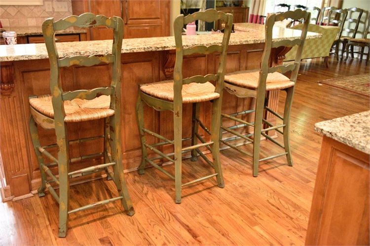 Set Of Three (3) Painter Rush Seat Stools