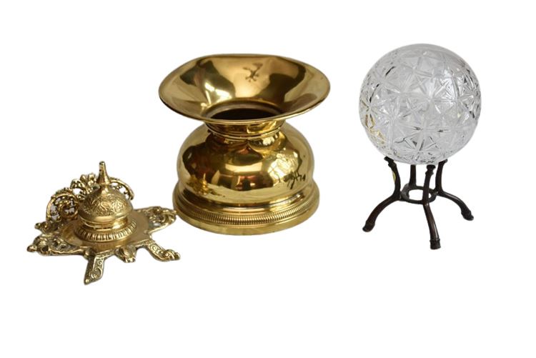 Brass Spittoon and Inkwell With Decorative Sphere On Stand