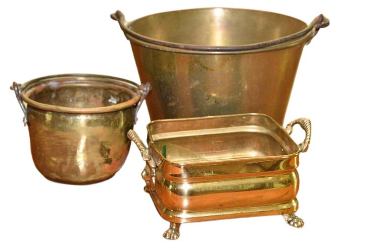 Two Brass Buckets and Decorative Planter