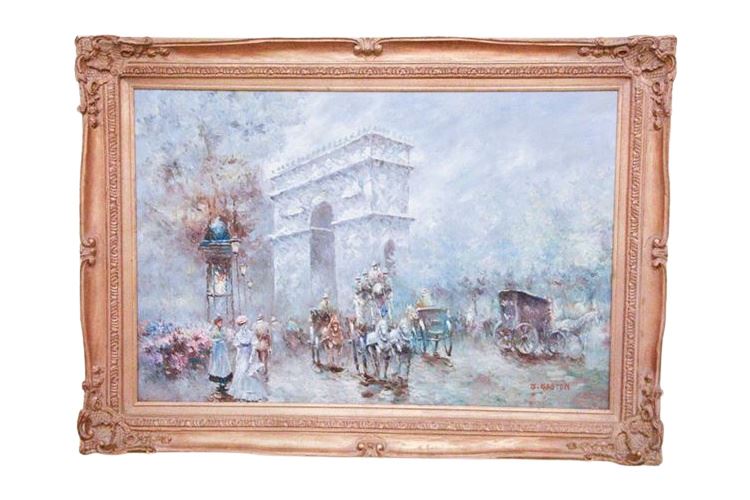 Framed Parisian Street Scene Signed J. Gaston In Carved Gilt Frame