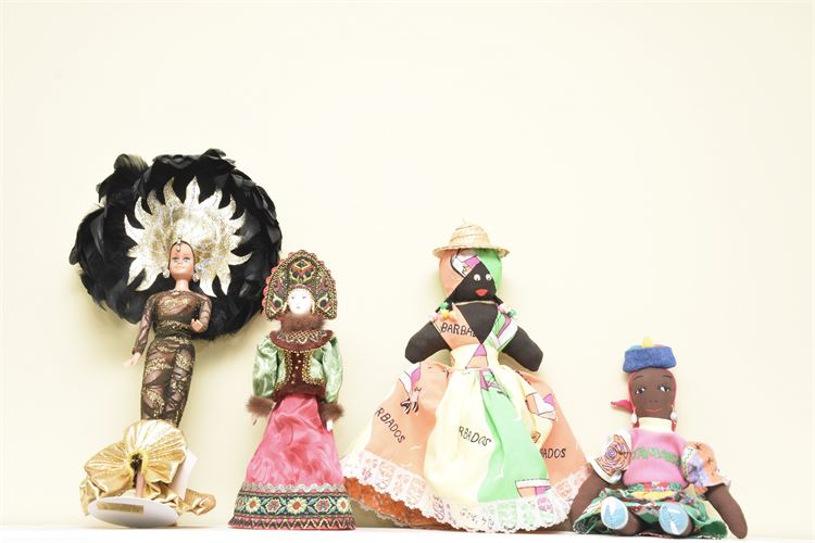 Four (4) Decorative Dolls w/ Shelf