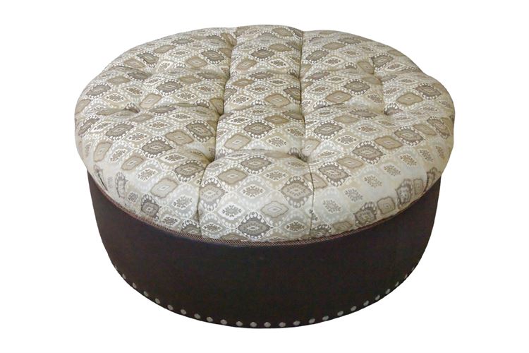 Large Upholstered Drum Form Ottoman With Silver Tack Trim