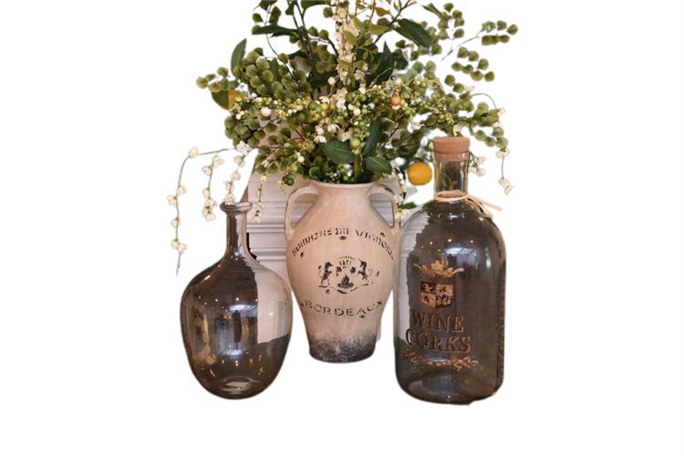 Three (3) Wine Themed Jugs and Bottles