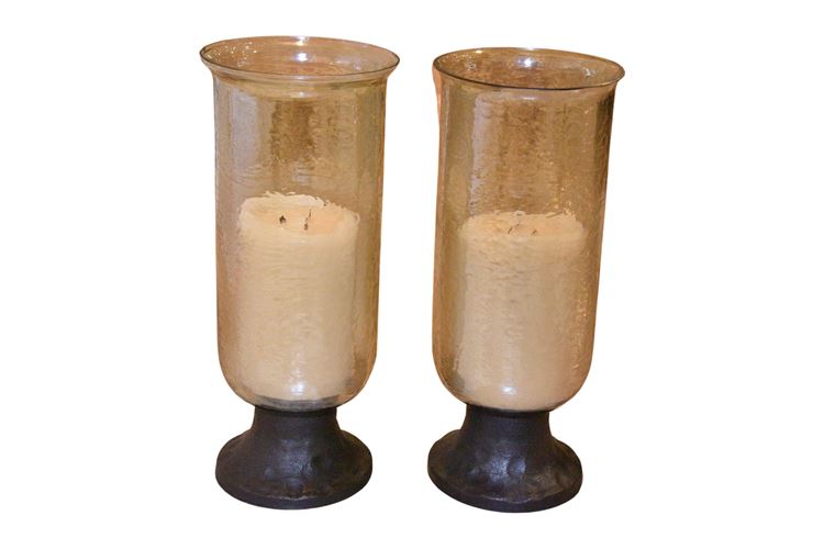 Pair Metal and Glass Hurricane Fixtures