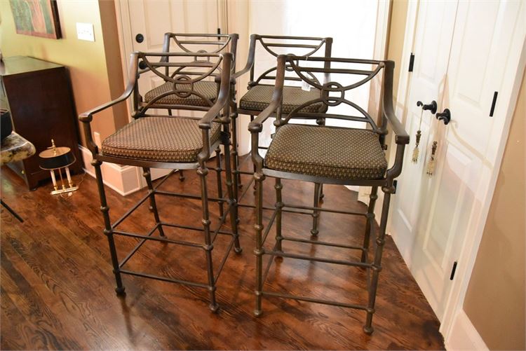 Four (4) Scrolled Metal Stools With Upholstered Seats