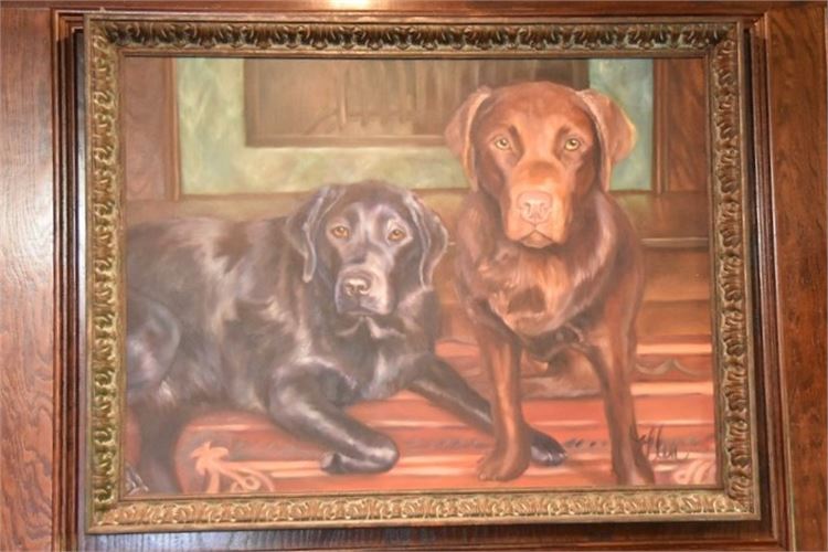 Framed Painting Of Two Dogs Signed
