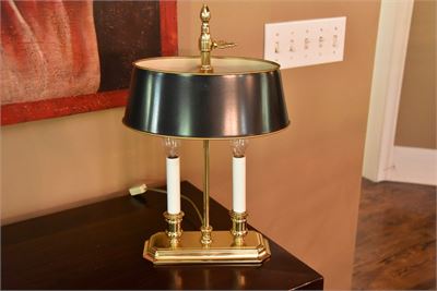 Companies Estate Sales - BALDWIN BRASS Double Candelabra Table Lamp With  Black Shade