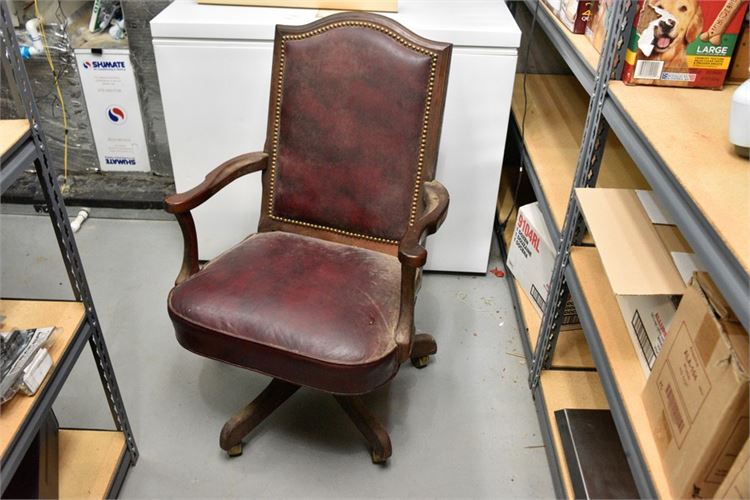 Wood and Leather Office Chair With Tack Trim