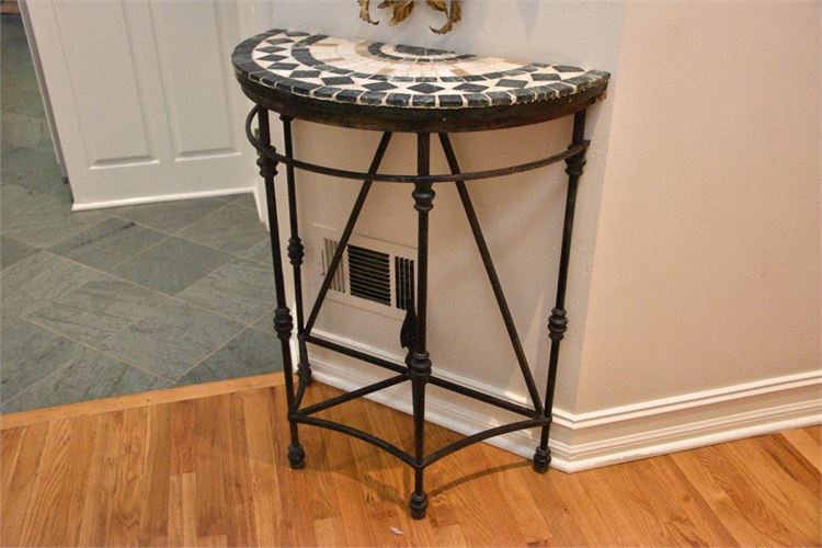 Wrought Iron Tile Top Demilune Console Table