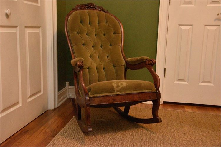 Carved and Upholstered Mahogany Rocking Chair
