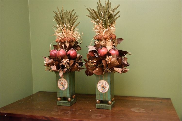 Pair Paint Decorated Vases With Faux Flower