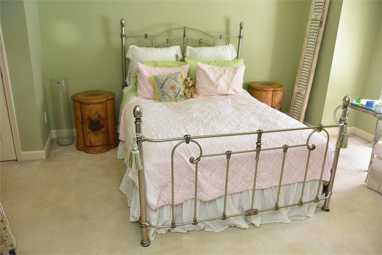 Brushed Nickel Romantic Queen Bed W/ Bedding
