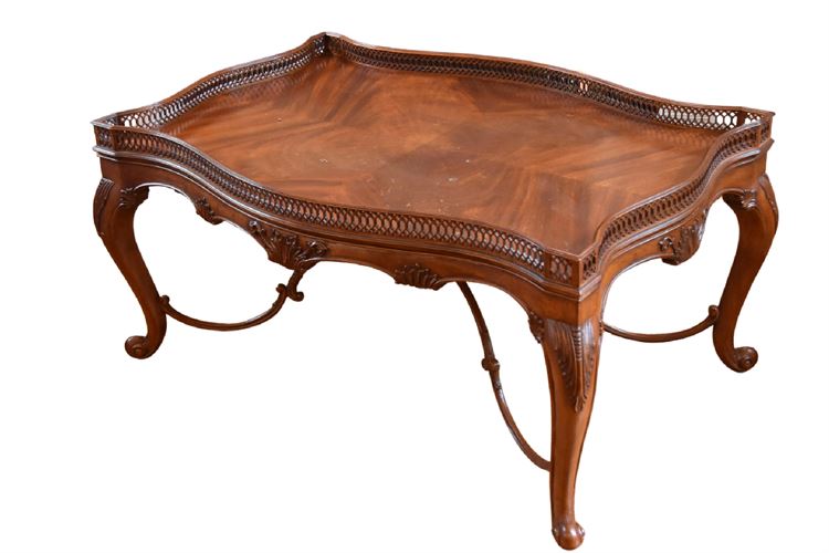 Wooden Coffee Table With Stretcher Base and Carved Gallery