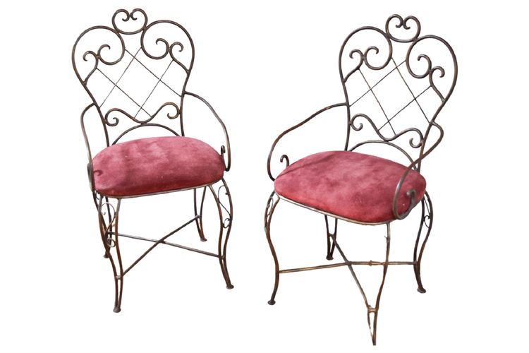 Pair Scrolled Metal Chairs With Upholstered Seats