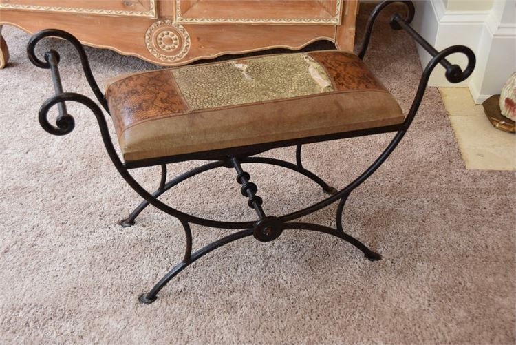 Scrolled Wrought Iron Stool With Upholstered Seat