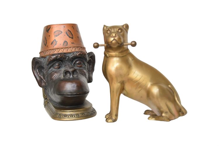 Chimpanzee Bookend and Gilt Brass Cat Figure