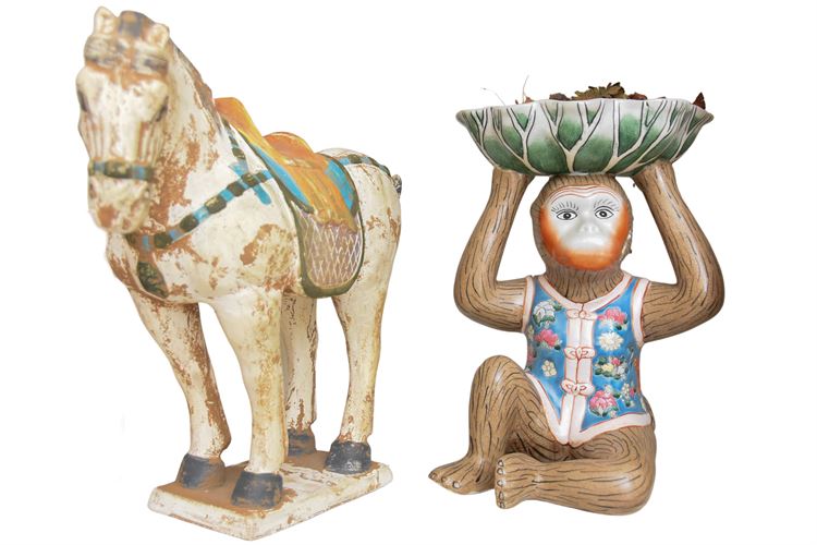 Decorative Painted Horse and Monkey Figural Compote