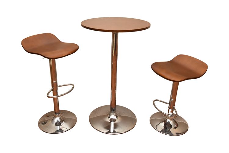 Modern Wood and Chrome Three (3) Piece Bar Set