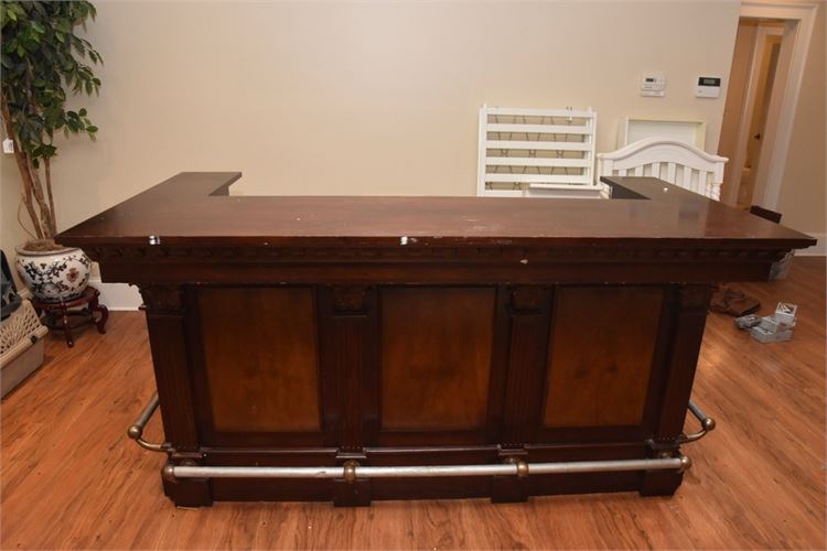 Carved Mahogany Bar With Metal Foot Rail