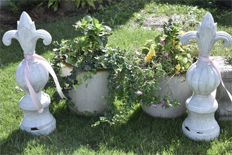 Pair Fleur De Lis Garden Statutes and Pair Large Planters