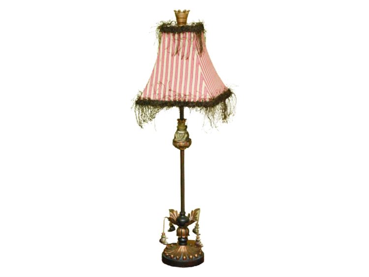 Painted and Gilt Stick Lamp With Shade