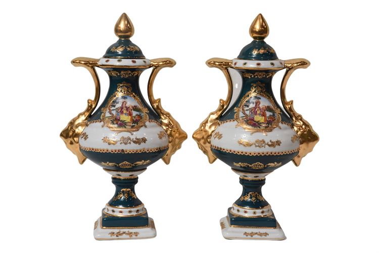 Pair Hand Painted Porcelain Urns with Lids