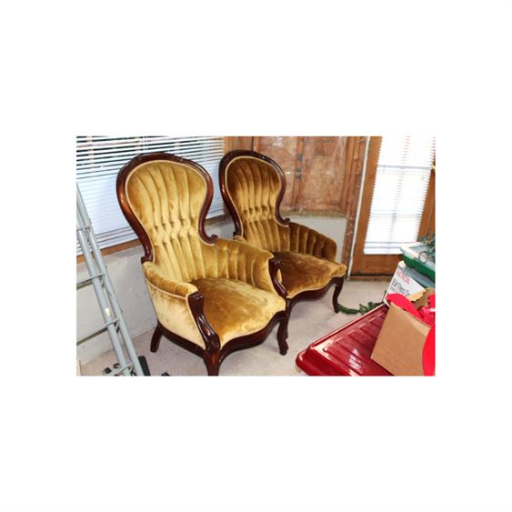 Victorian Pair of Ladies and Gents Gold Parlour Chairs