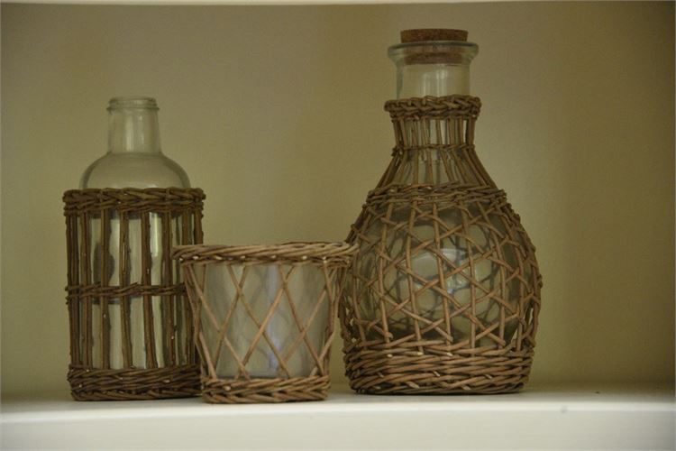 Three (3) Wicker Covered Glass Jars