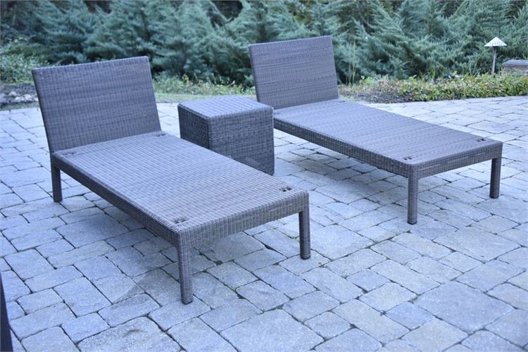 Pair Woven Lounge Chairs and End Table