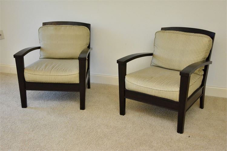 Pair Contemporary Wooden Armchairs With Cushions