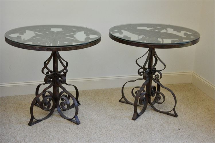 Pair Scrolled Metal Glass Top End Tables