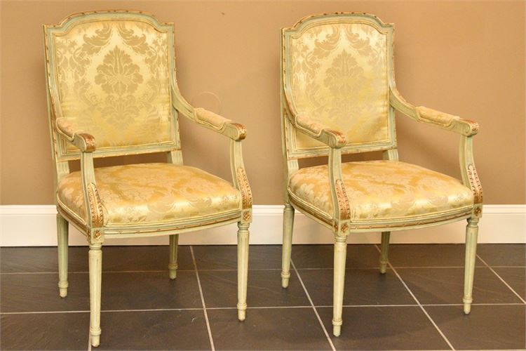 Pair Painted and Upholstered Open Armchairs