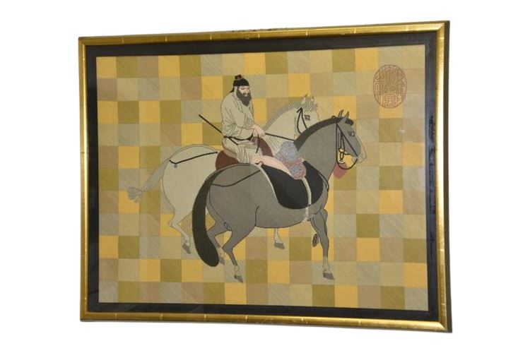 Framed Asian Textile Of Man On Horseback