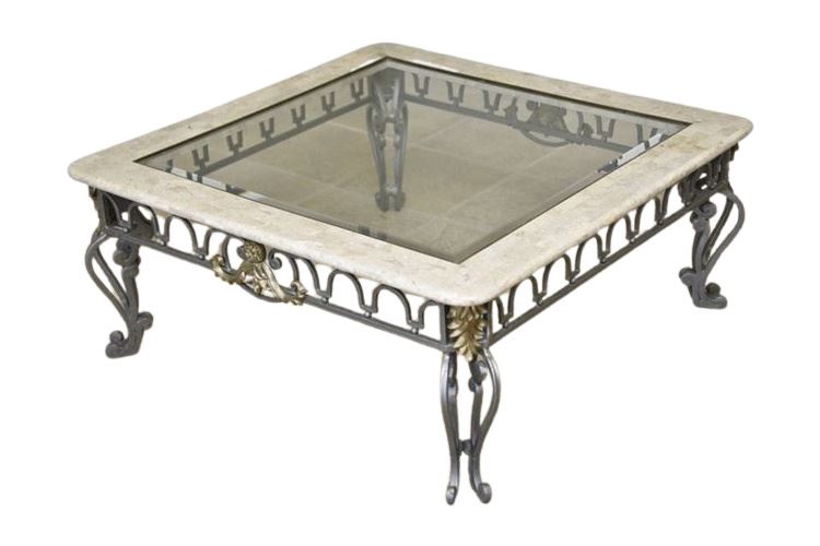 Scrolled Metal Marble and Glass Top Cocktail Table