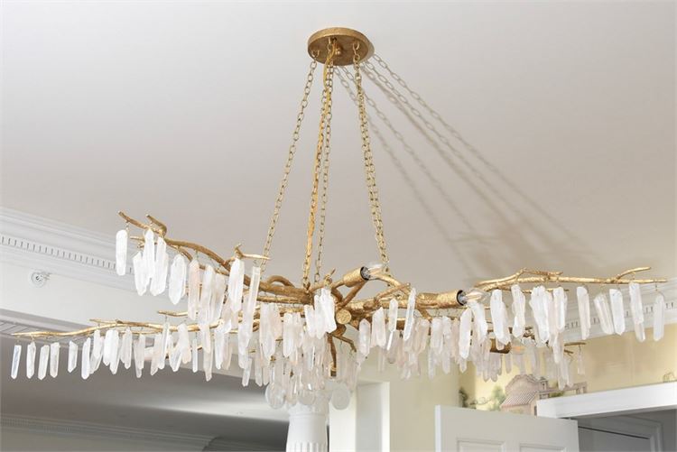 Gilt Branch Form Chandelier With Natural Crystal Prsims