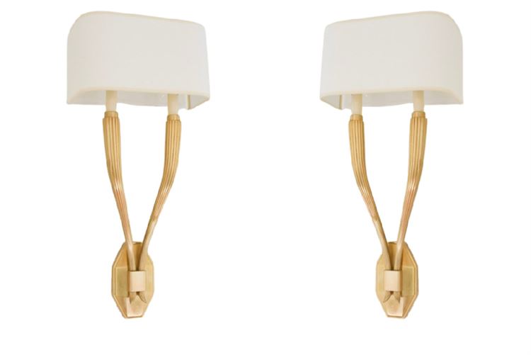 Pair, Two Arm Gilt Wall Sconces With Shades