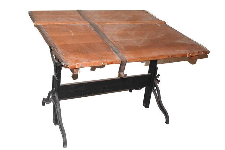 HAMILTON MANUFACTURING  Drafting Table With Wrought Iron Base  Circa 1920s