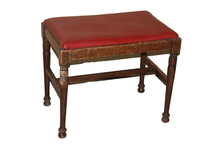 Wooden Stool With Red Leather Or Vinyl Upholstered Seat