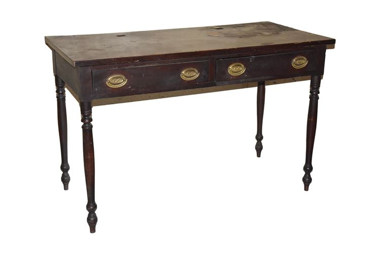 Mahogany Two Drawer Desk With Metal Hardware