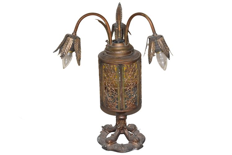Vintage Metal Three Light Floral Figural Lamp