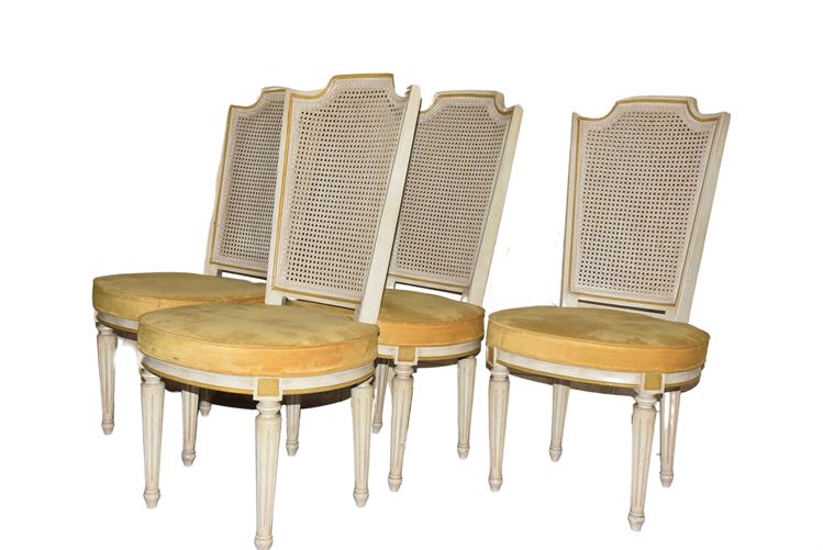 Set Of Four (4) White Painted Cane Back Chairs With Upholstered Seats
