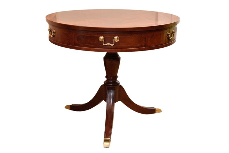 Mahogany Drum Table With Splayed Base and Brass Accents