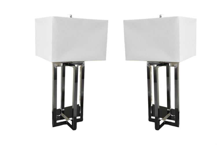 Pair, Contemporary Chrome Lamps With Shades