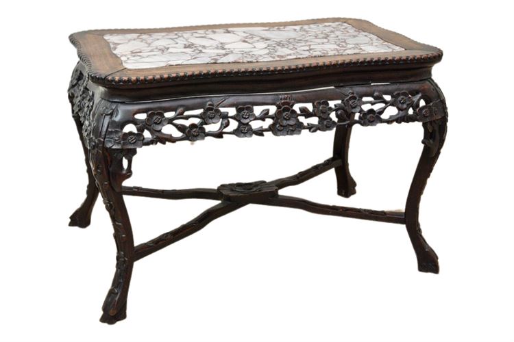 Chinese Carved Wood Table with Inset Aggregate Marble Top