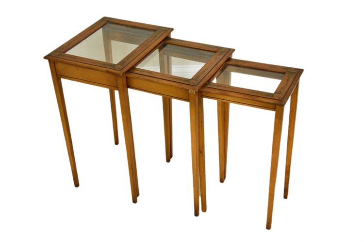 Trio Of Glass Top Nesting Tables With Painted Details